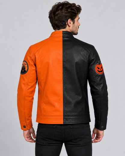 Back view of men’s black and orange color-block Halloween leather biker jacket