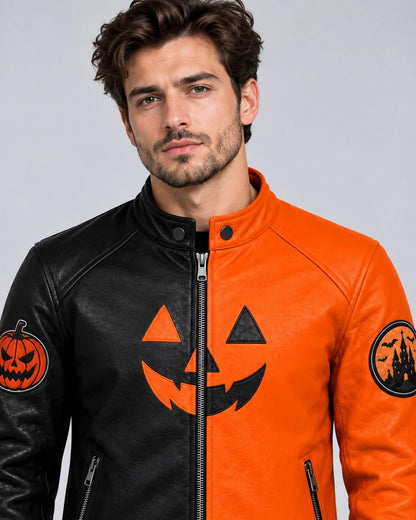 Close-up of jack-o’-lantern graphic, zipper, and Halloween sleeve patch on men’s leather jacket