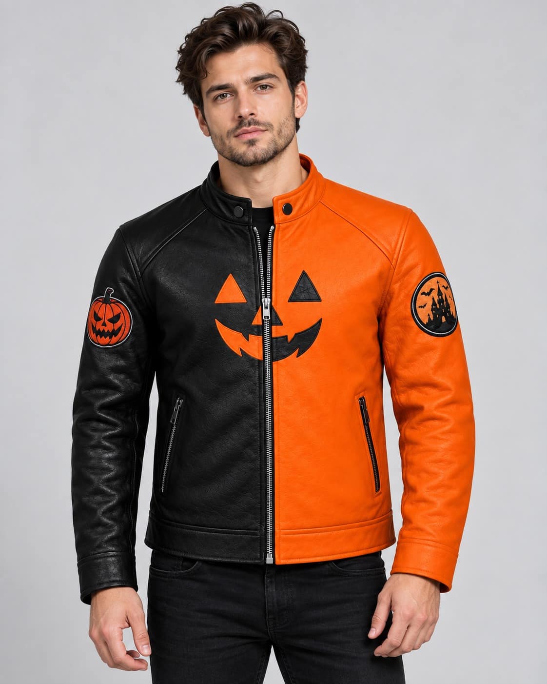 Men’s black and orange Halloween leather biker jacket with pumpkin graphic