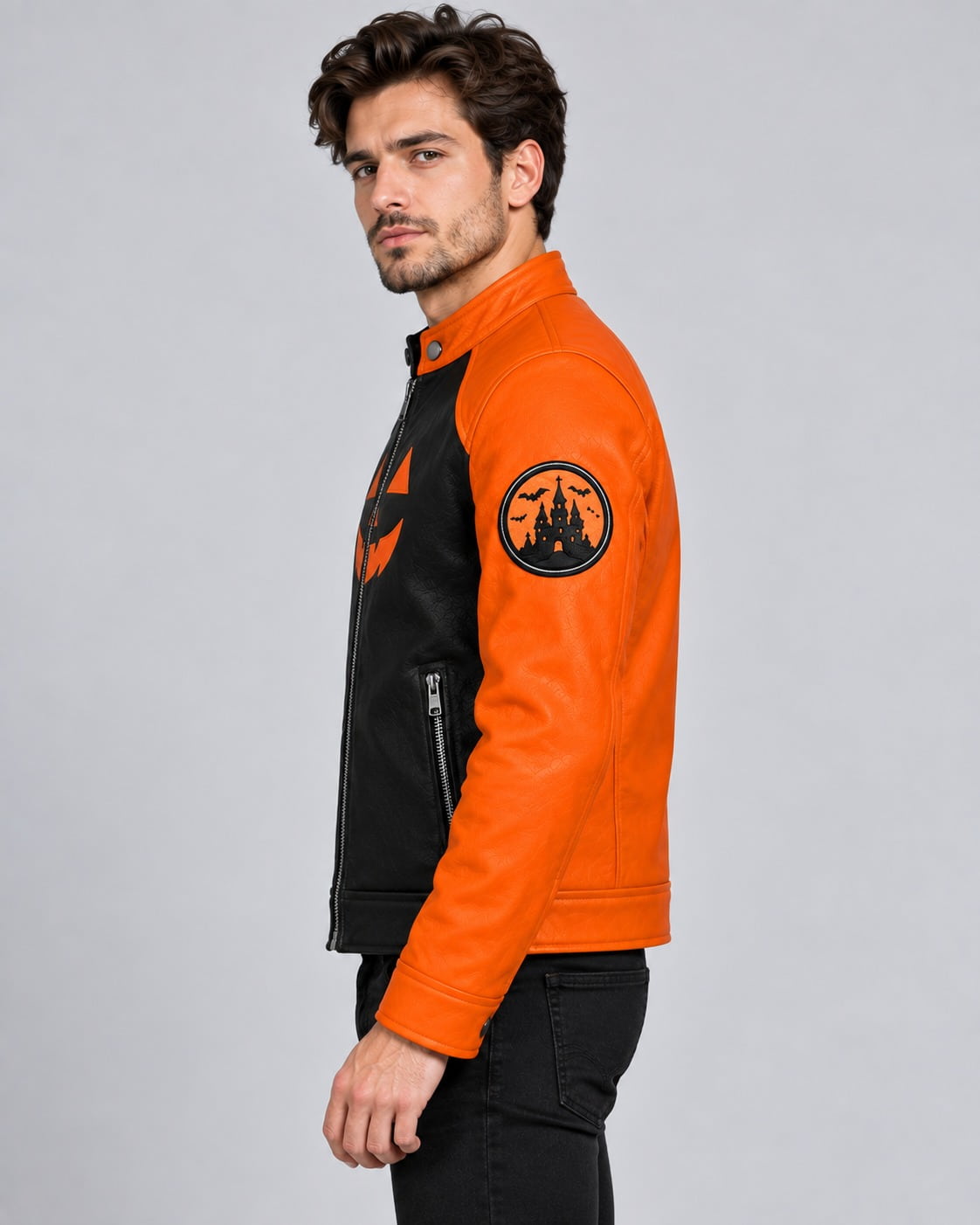 Side view of men’s orange and black Halloween leather moto jacket