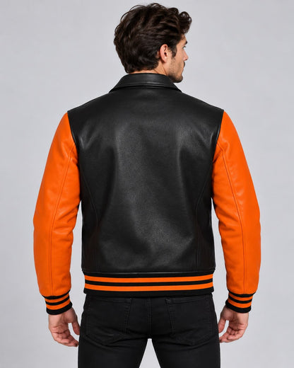 Back view of men’s black and orange genuine leather Halloween varsity jacket