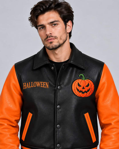 Close-up of pumpkin patch, Halloween lettering and orange-trimmed details on men’s leather varsity jacket