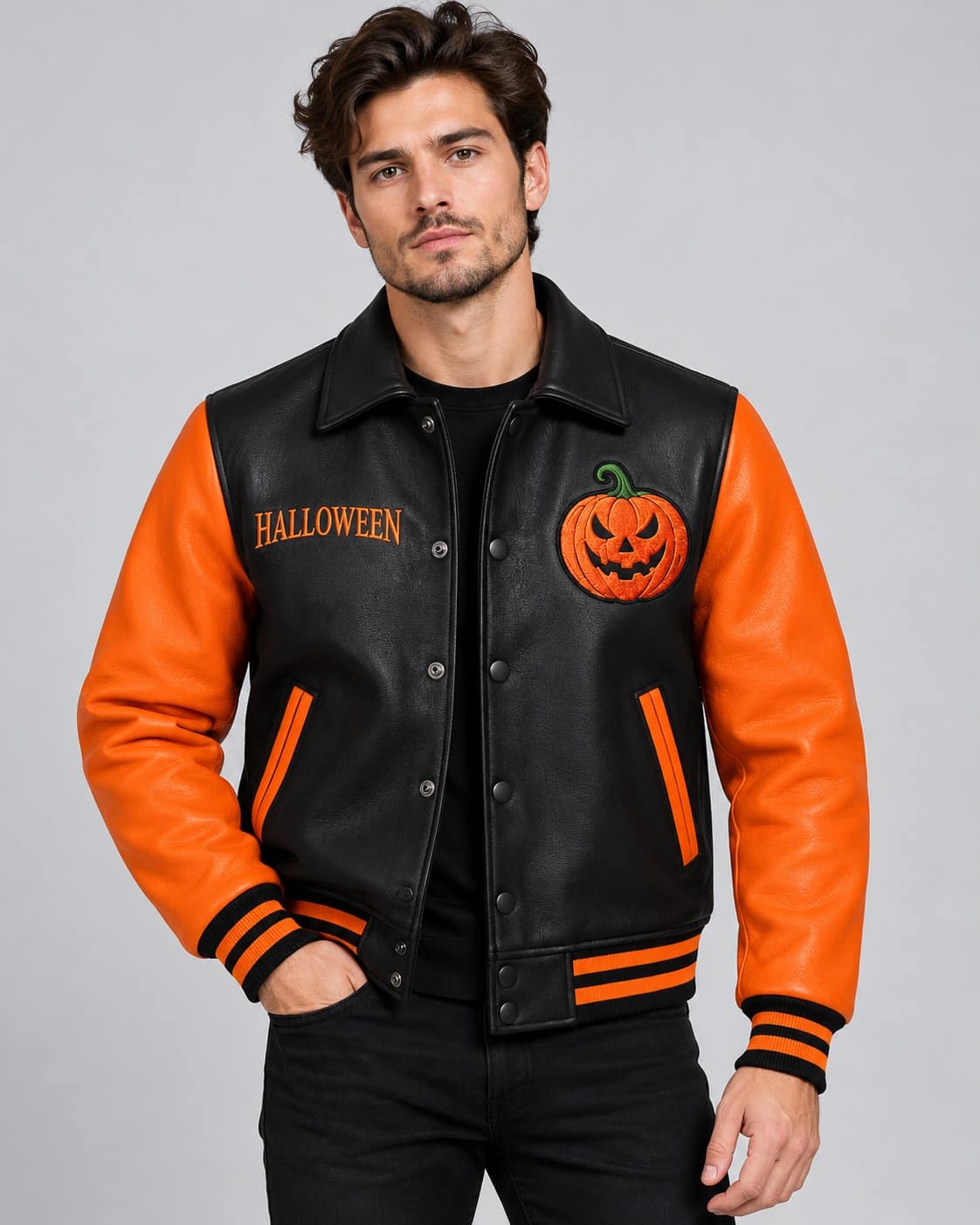 Men’s black and orange Halloween leather varsity jacket with pumpkin patch and Halloween lettering