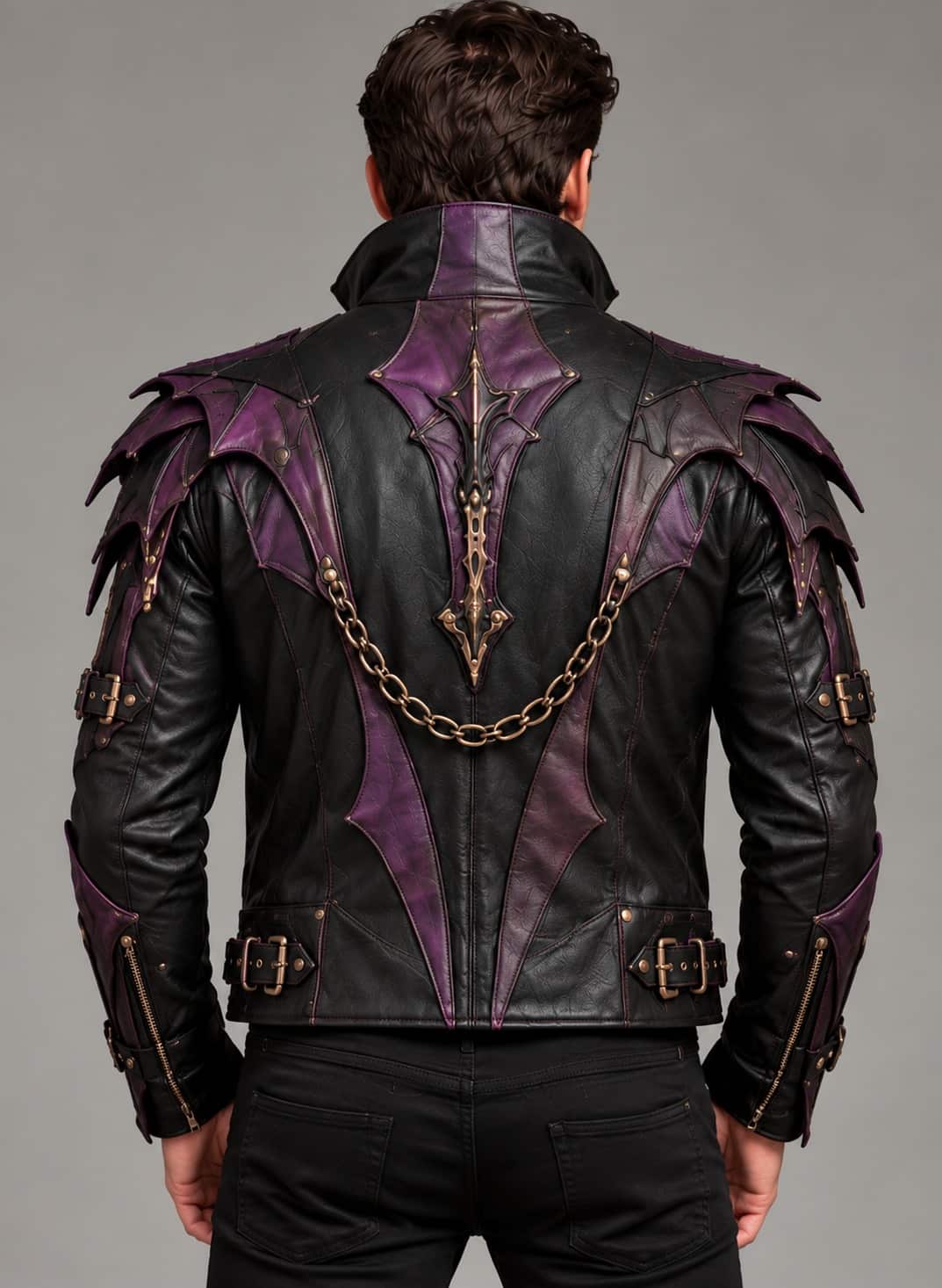 Back of men's gothic leather jacket with purple geometric panels, decorative chain, and central ornamental detailing.