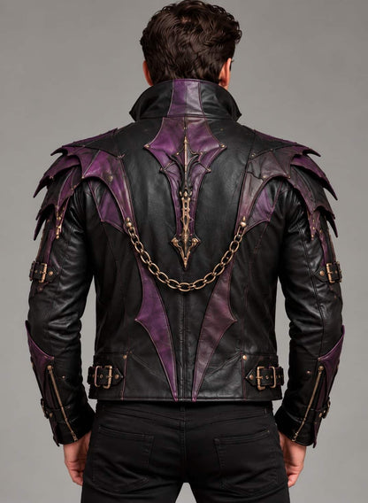 Back of men's gothic leather jacket with purple geometric panels, decorative chain, and central ornamental detailing.