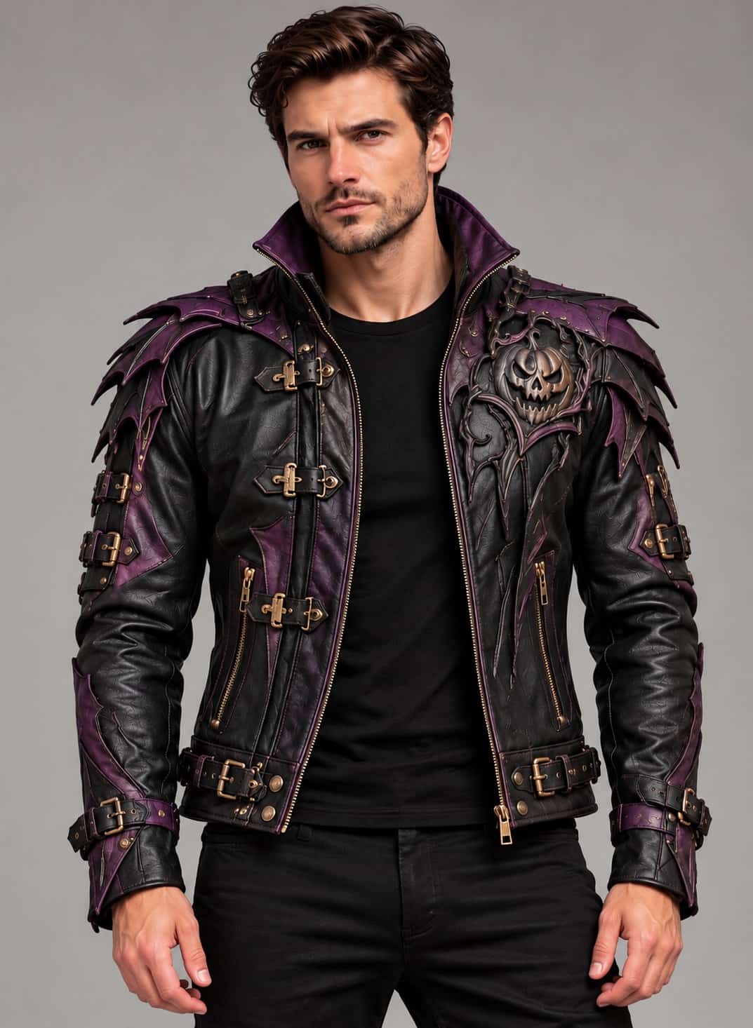 Men's black and purple genuine leather gothic jacket with skull chest artwork, layered shoulders, and buckle straps.