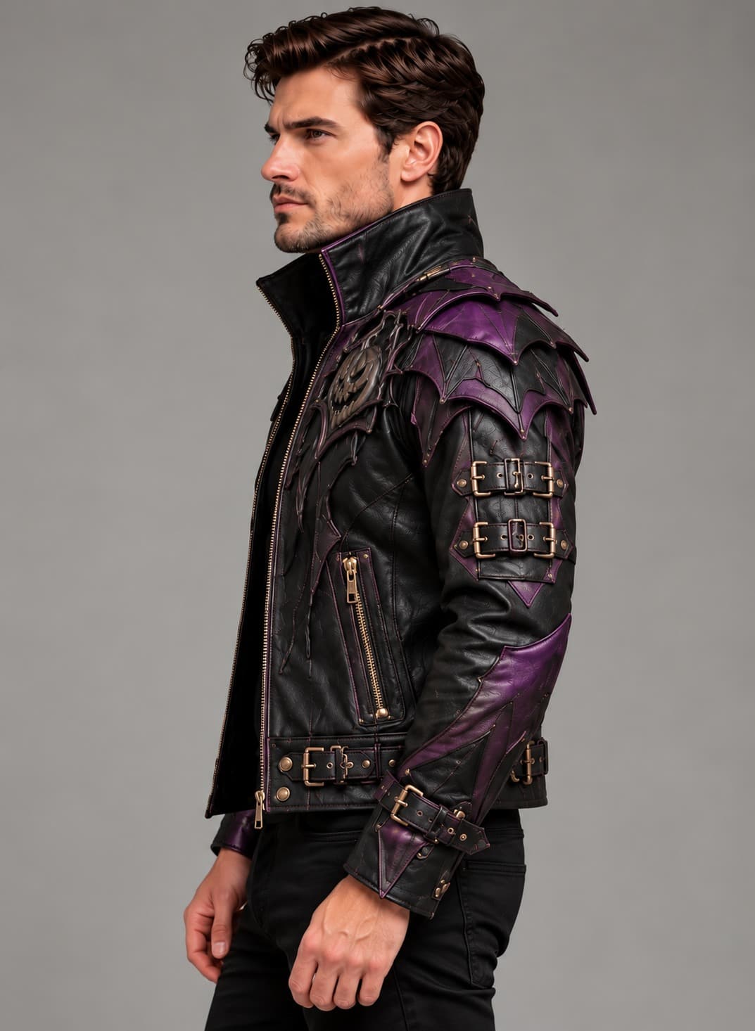 Side view of men's black and purple gothic leather jacket showing pointed shoulder panels and sleeve buckles.