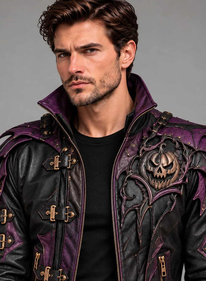 Close-up of men's black and purple leather jacket featuring raised skull artwork, ornate detailing, and gold-tone buckles.