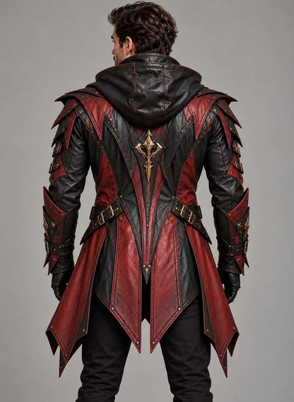 Back of men’s gothic leather coat showing symmetrical burgundy and black panels, central decorative emblem, hood, and extended pointed hem.