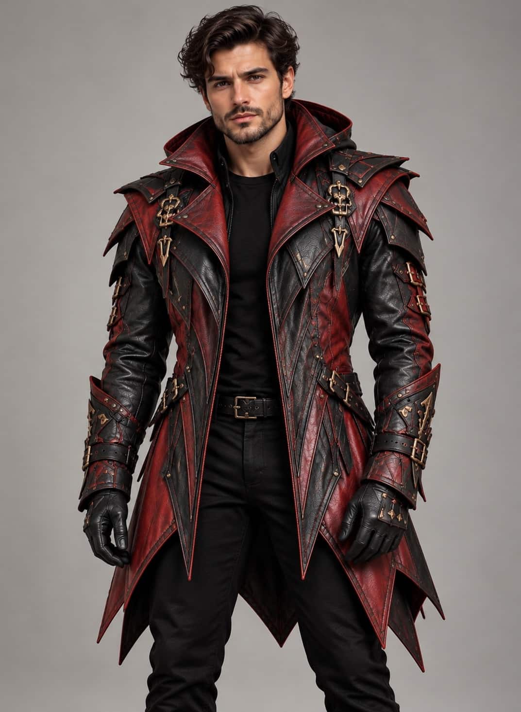 Full front view of men’s burgundy and black genuine leather gothic coat with angular panels and ornamental hardware.
