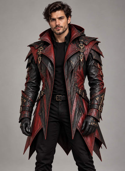 Full front view of men’s burgundy and black genuine leather gothic coat with angular panels and ornamental hardware.