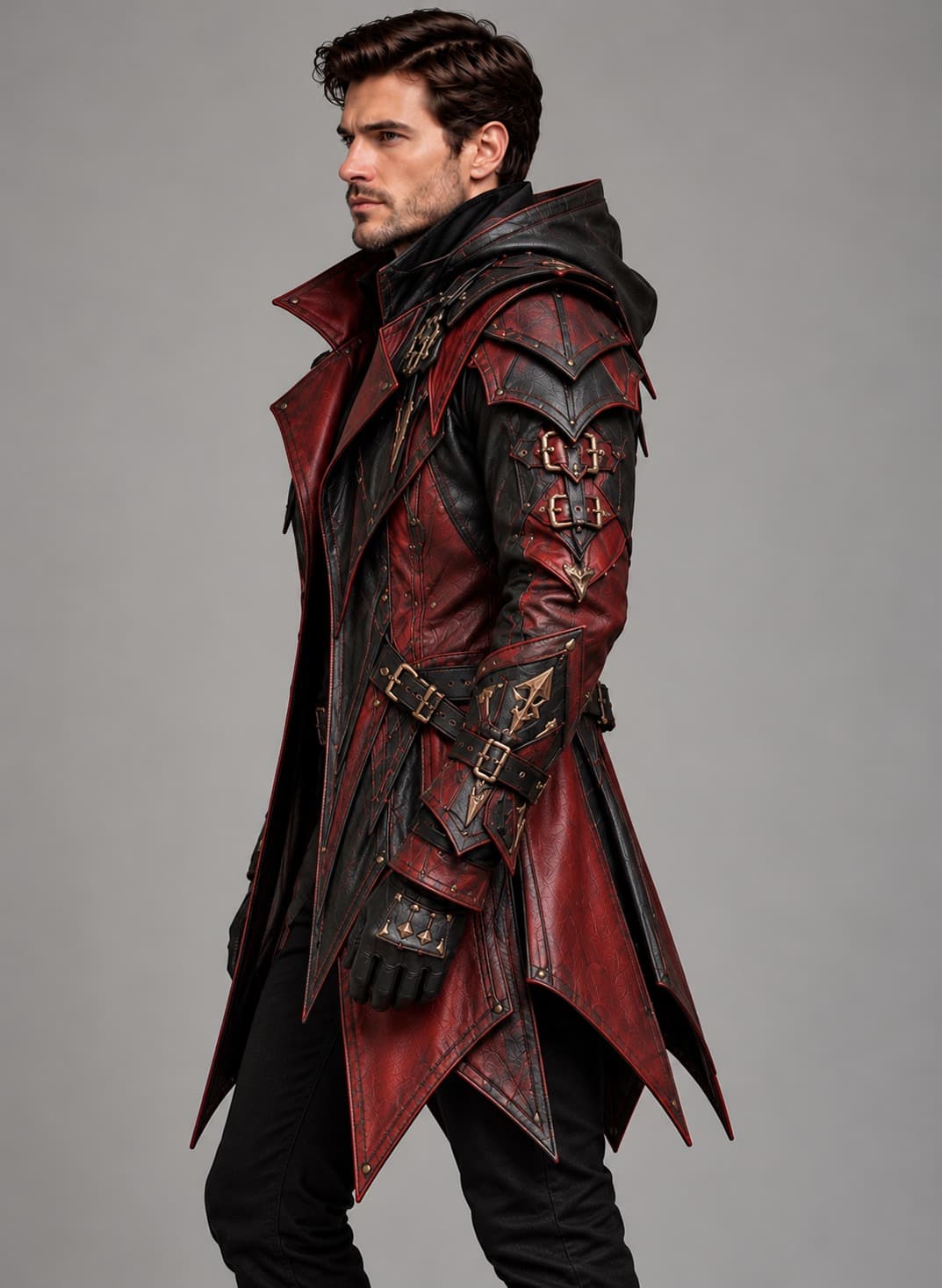 Side view of men’s burgundy and black gothic leather long coat with layered shoulders, buckled sleeve straps, and pointed hem.