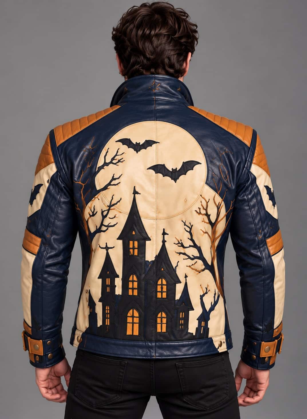 Back of men's Halloween leather jacket featuring a large cream moon, flying bats, bare trees, and a haunted-house illustration.