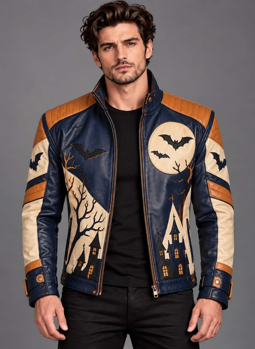 Men's navy blue genuine leather Halloween jacket with cream moon, bat graphics, haunted-house artwork, and tan-orange shoulder panels.