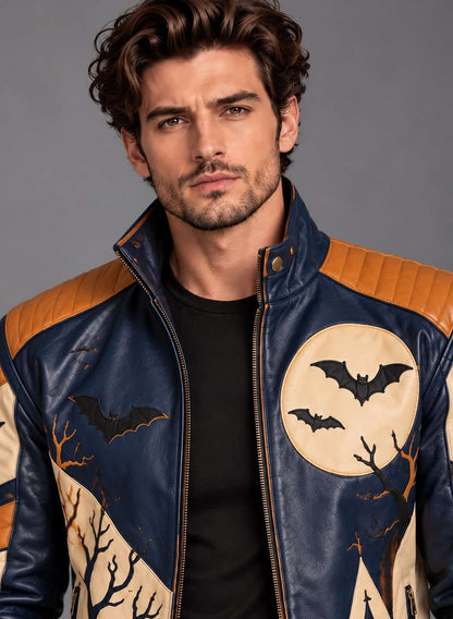 Close-up of men's navy blue Halloween leather jacket showing bat graphics, cream moon artwork, raised collar, and tan-orange quilted shoulders.