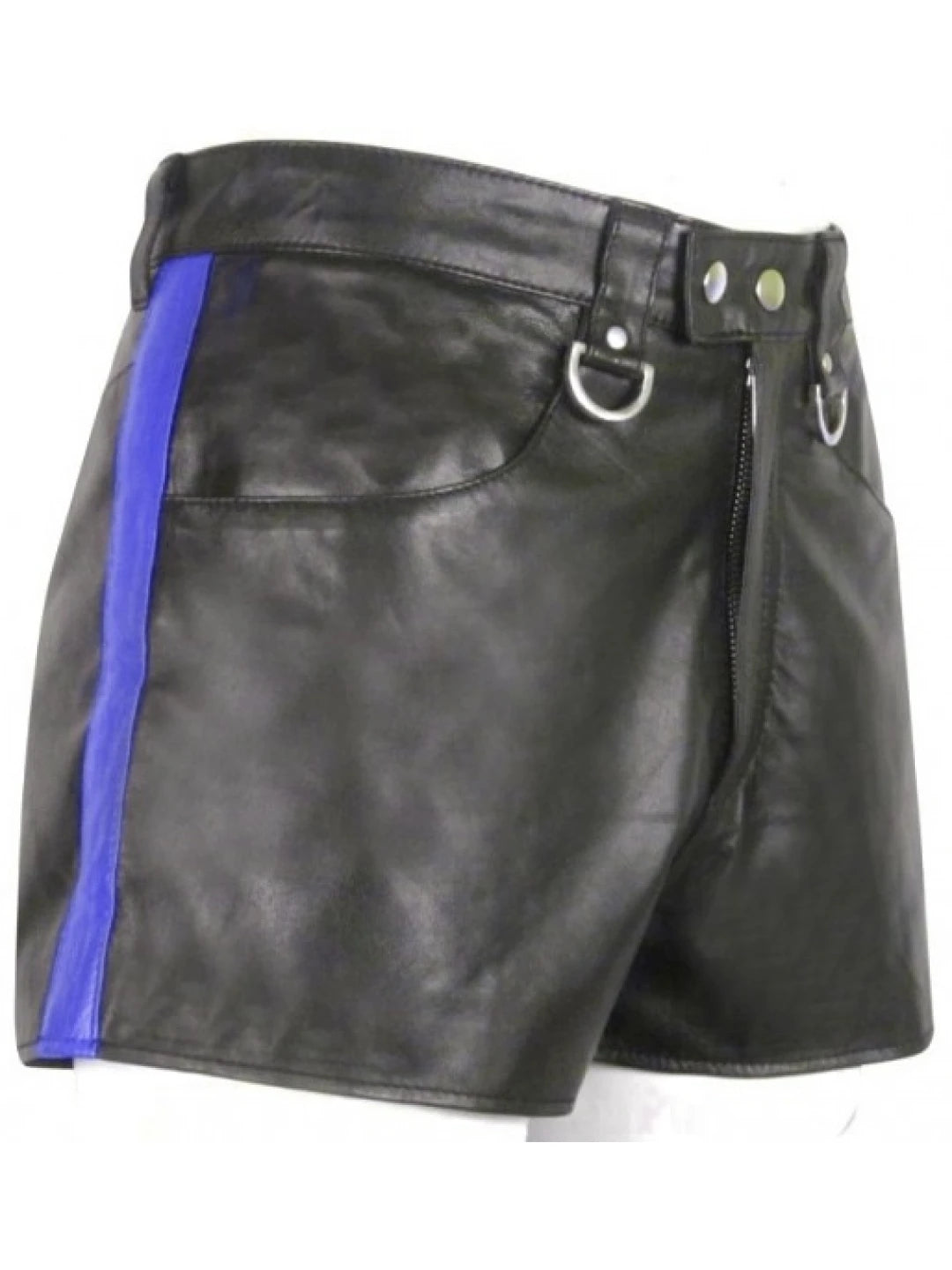 Men’s Hot Blue Stripe Real Sheepskin Black Leather Shorts