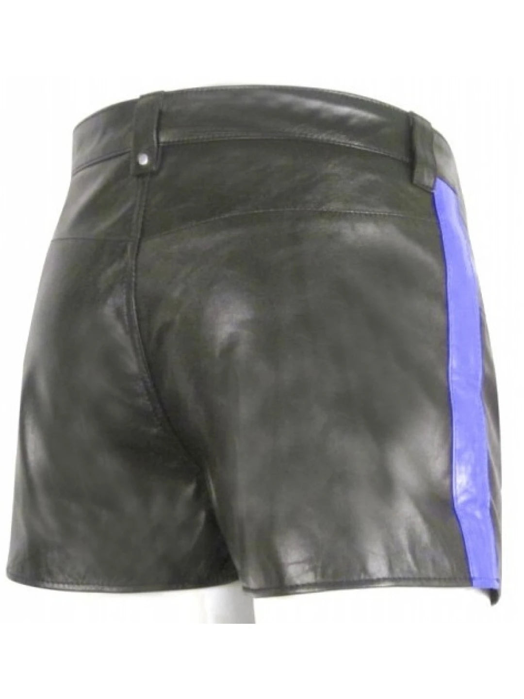 Men’s Hot Blue Stripe Real Sheepskin Black Leather Shorts