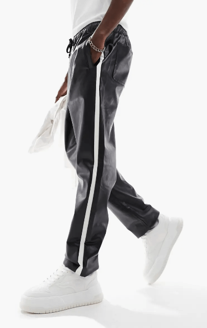 Men's Leather Pant In Black With White Strap