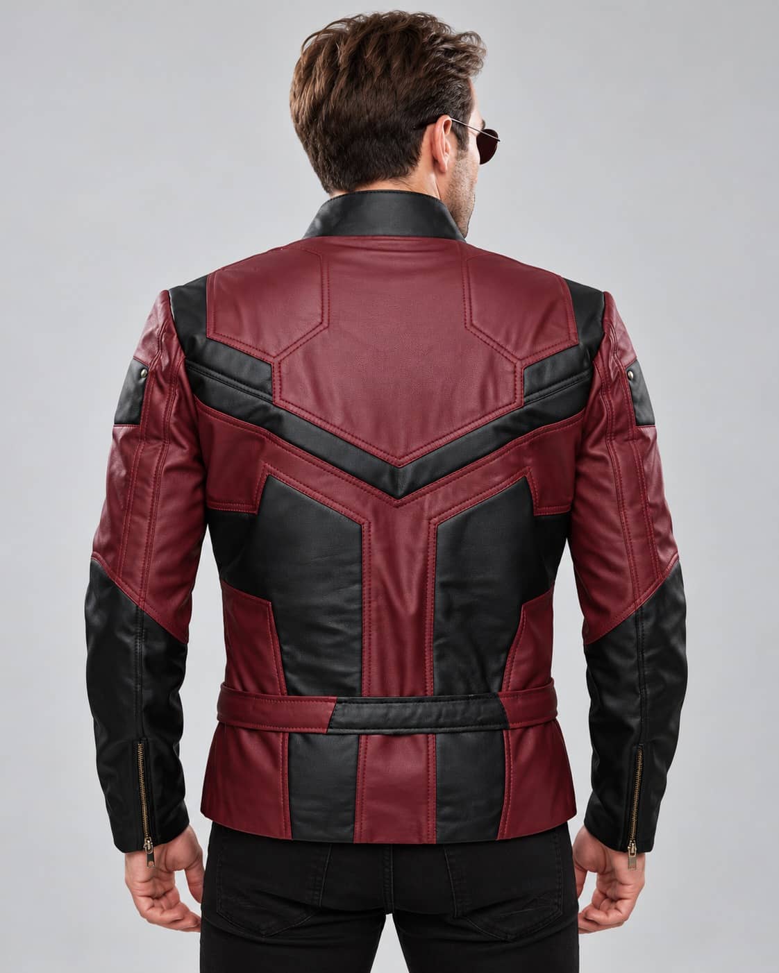 Back view of Men's Marvel’s Daredevil Charlie Cox Leather Jacket featuring burgundy and black angular panels.