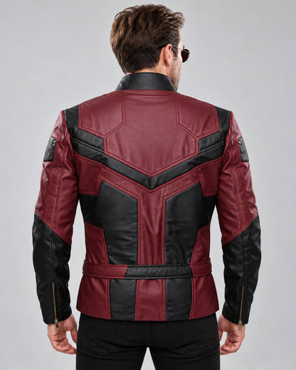 Back view of Men's Marvel’s Daredevil Charlie Cox Leather Jacket featuring burgundy and black angular panels.