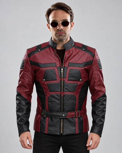 Men's Marvel’s Daredevil Charlie Cox Leather Jacket in burgundy and black with geometric panels and waist belt.