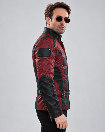 Side view of Men's Marvel’s Daredevil Charlie Cox Leather Jacket showing contrasting sleeves and belted waist.