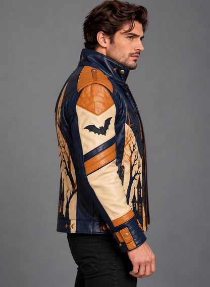 Side profile of men's Halloween graphic leather jacket with cream sleeve panels, bat artwork, tan-orange quilted shoulder, and snap-button cuff strap.