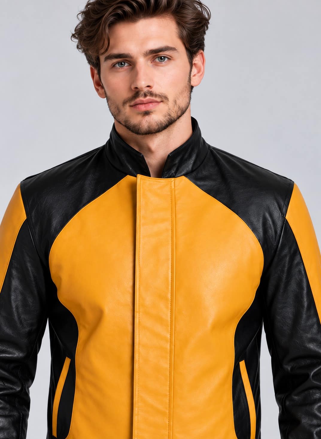Close front view of yellow and black color-block genuine leather moto jacket with stand collar and side pockets