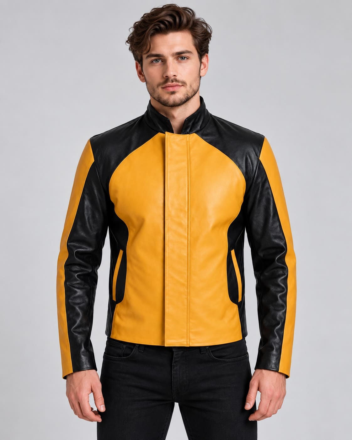 Men’s yellow and black color-block genuine leather moto jacket front view