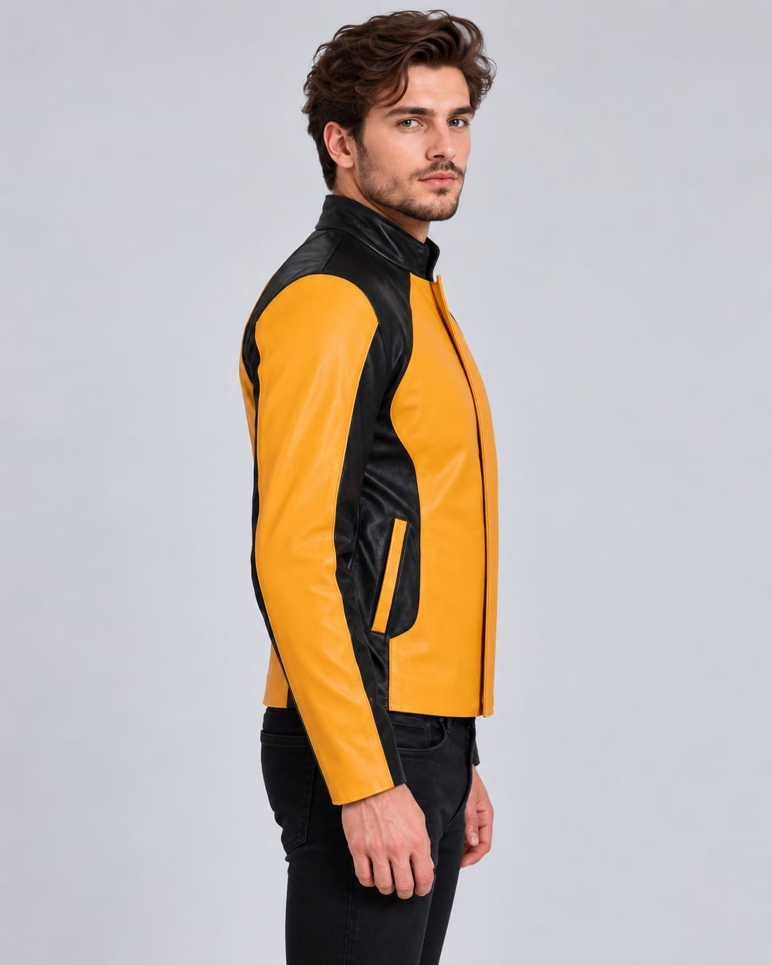 Side view of men’s yellow and black color-block genuine leather moto jacket