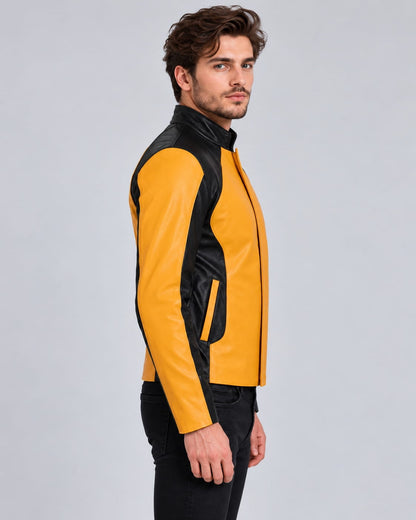Side view of men’s yellow and black color-block genuine leather moto jacket