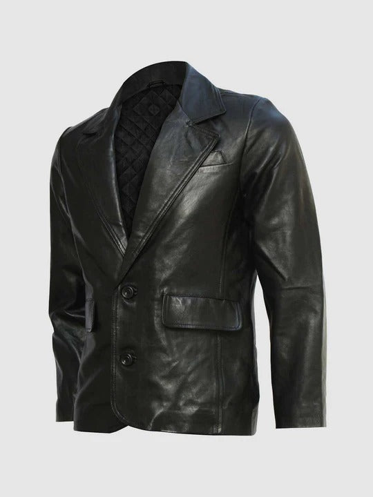 Two Button Black Leather Blazer