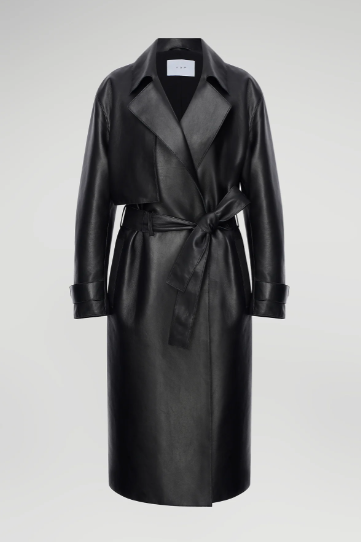 Women's Black Belted Trench Leather Coat