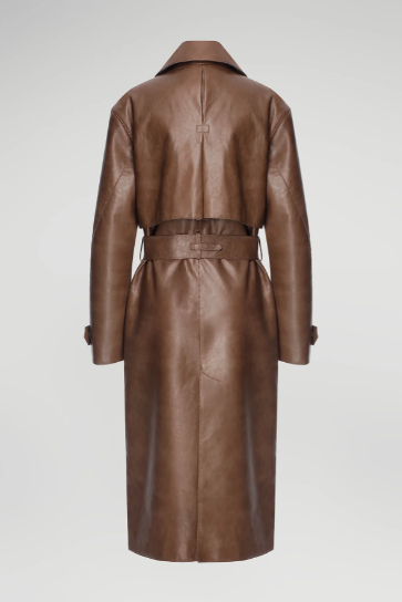 Women's Dark Brown Trench Leather Coat with Belted Waist