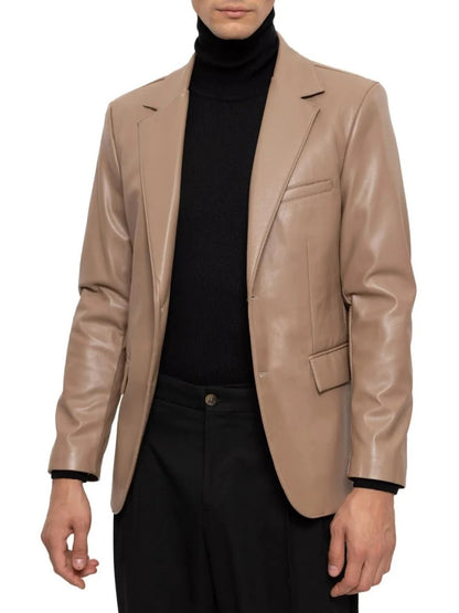 Notched Lapels Beige Leather Blazer