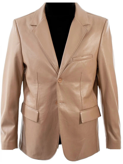 Notched Lapels Beige Leather Blazer