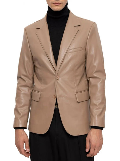 Notched Lapels Beige Leather Blazer