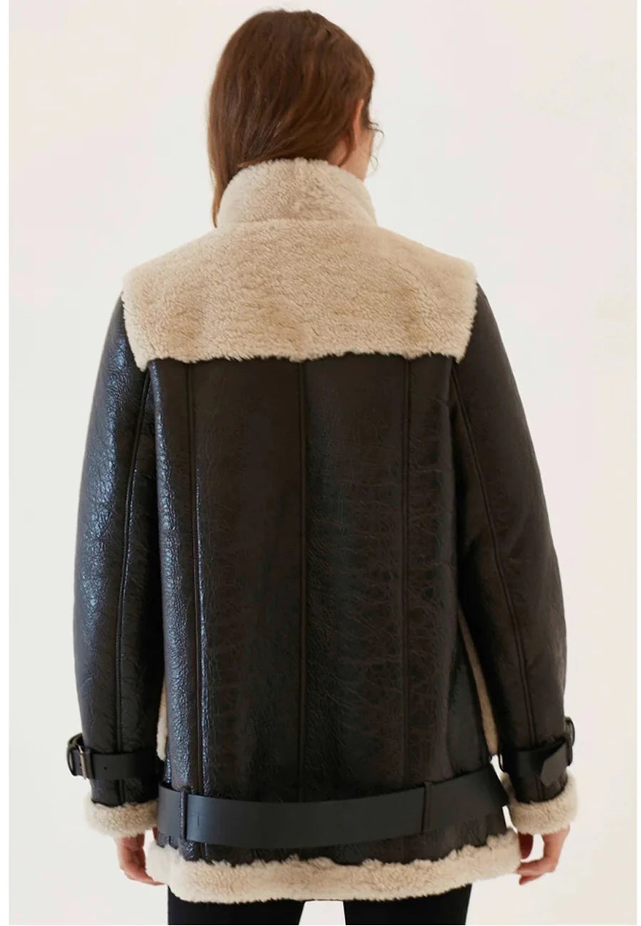 Women's Black Leather Shearling Long Coat