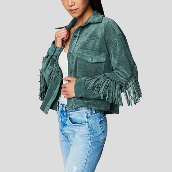 Women's Olive Suede Leather Fringe Shirt Jacket