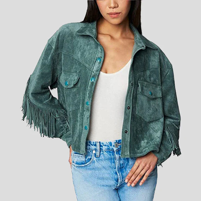 Women's Olive Suede Leather Fringe Shirt Jacket