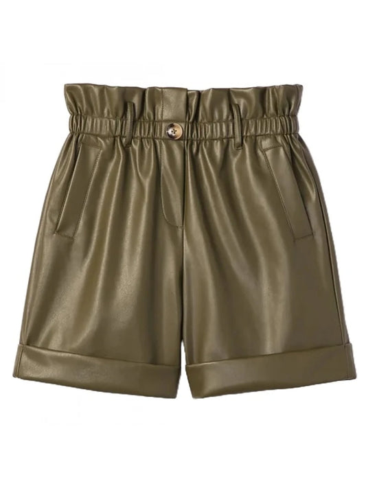 Paperbag Waist Olive Green Leather Shorts – Chic & Stylish Women's Fashion