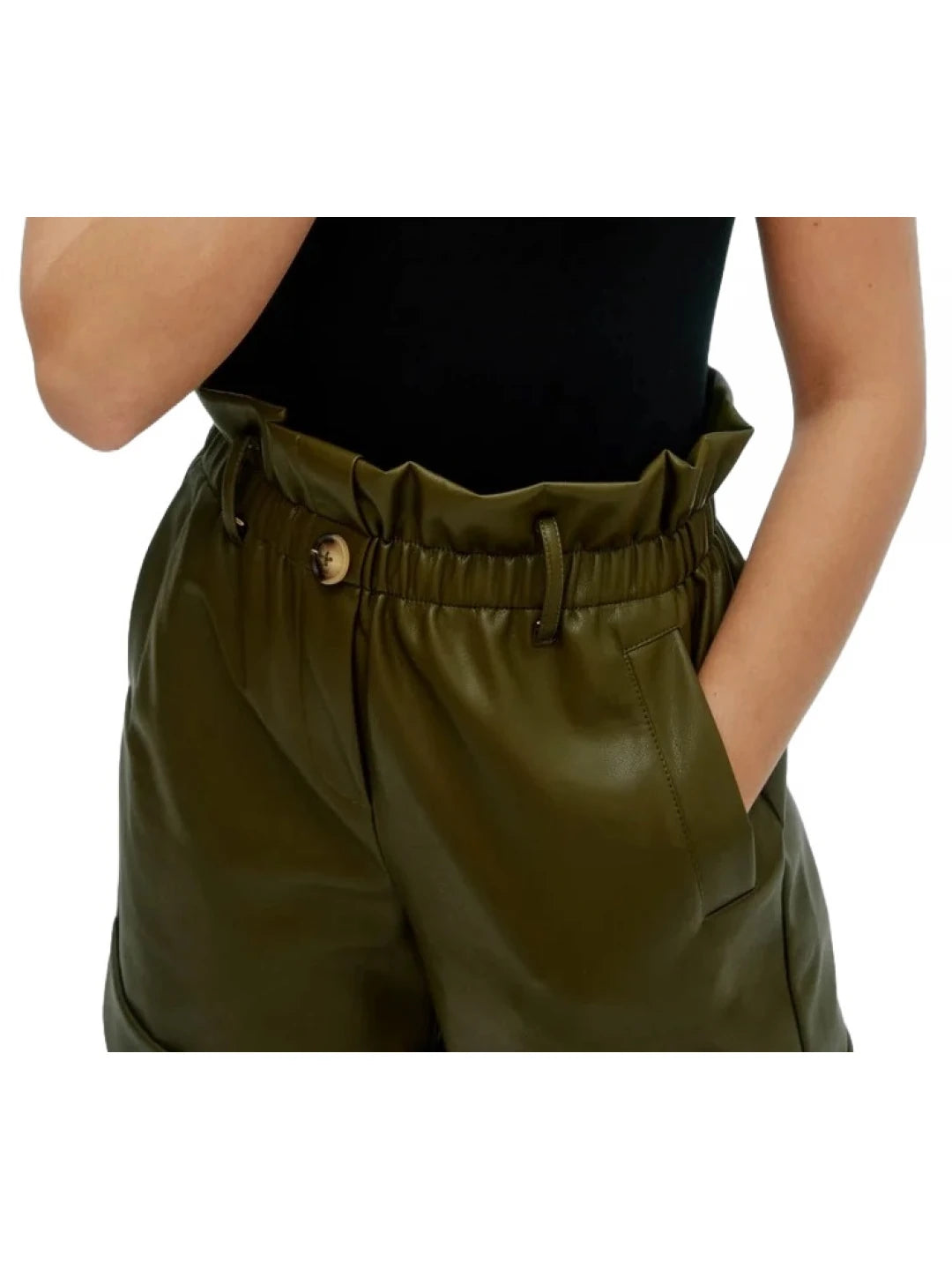 Paperbag Waist Olive Green Leather Shorts – Chic & Stylish Women's Fashion