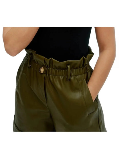 Paperbag Waist Olive Green Leather Shorts – Chic & Stylish Women's Fashion