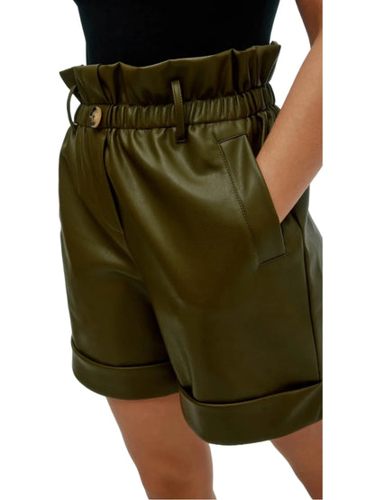 Paperbag Waist Olive Green Leather Shorts – Chic & Stylish Women's Fashion