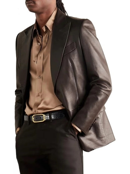 Peak Lapels Brown Leather Blazer