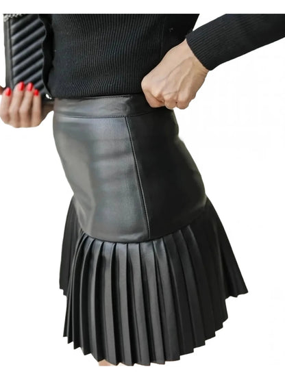 Pleated Black Leather Mini Skirt