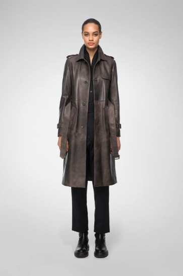 Women's Coffee Brown Belted Leather Coat