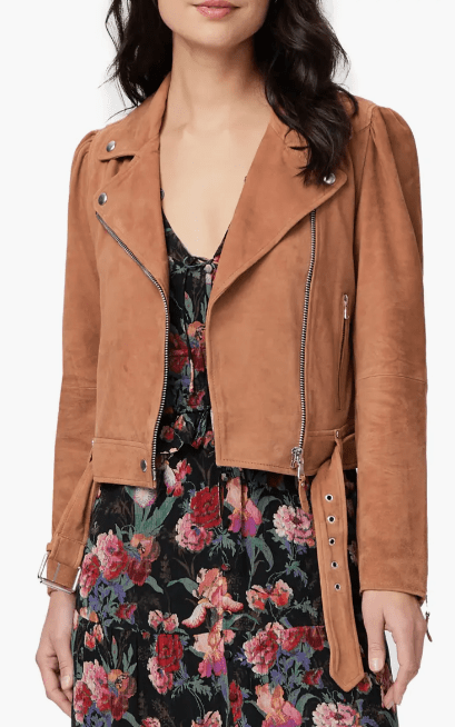 Women's Belted Suede Leather Biker Jacket In Tan Brown