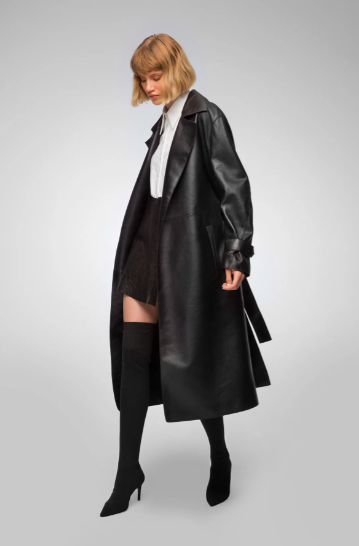 Women's Black Belted Trench Leather Coat