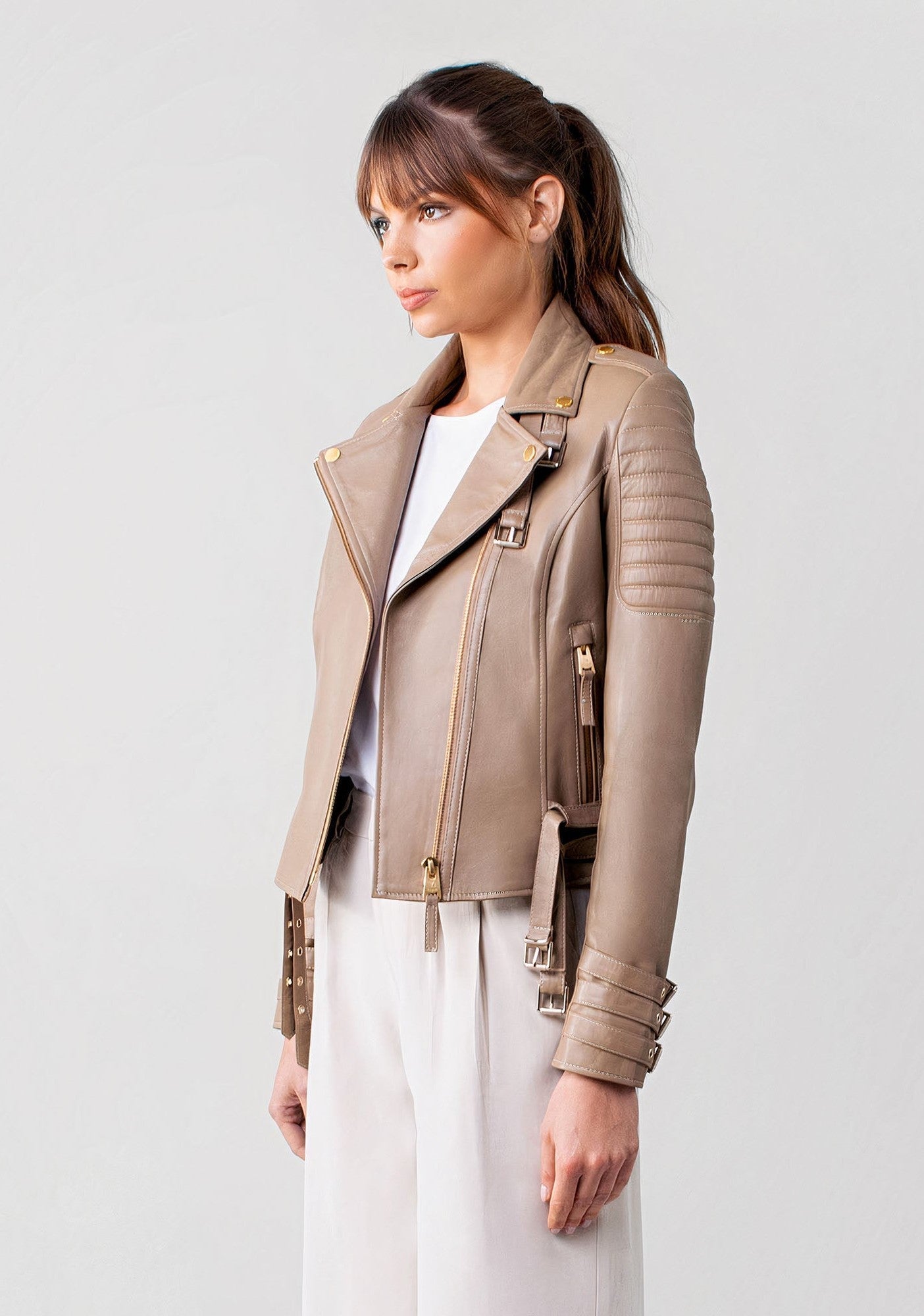 Women's Biker Cafe Racer Leather Jacket with Beige.